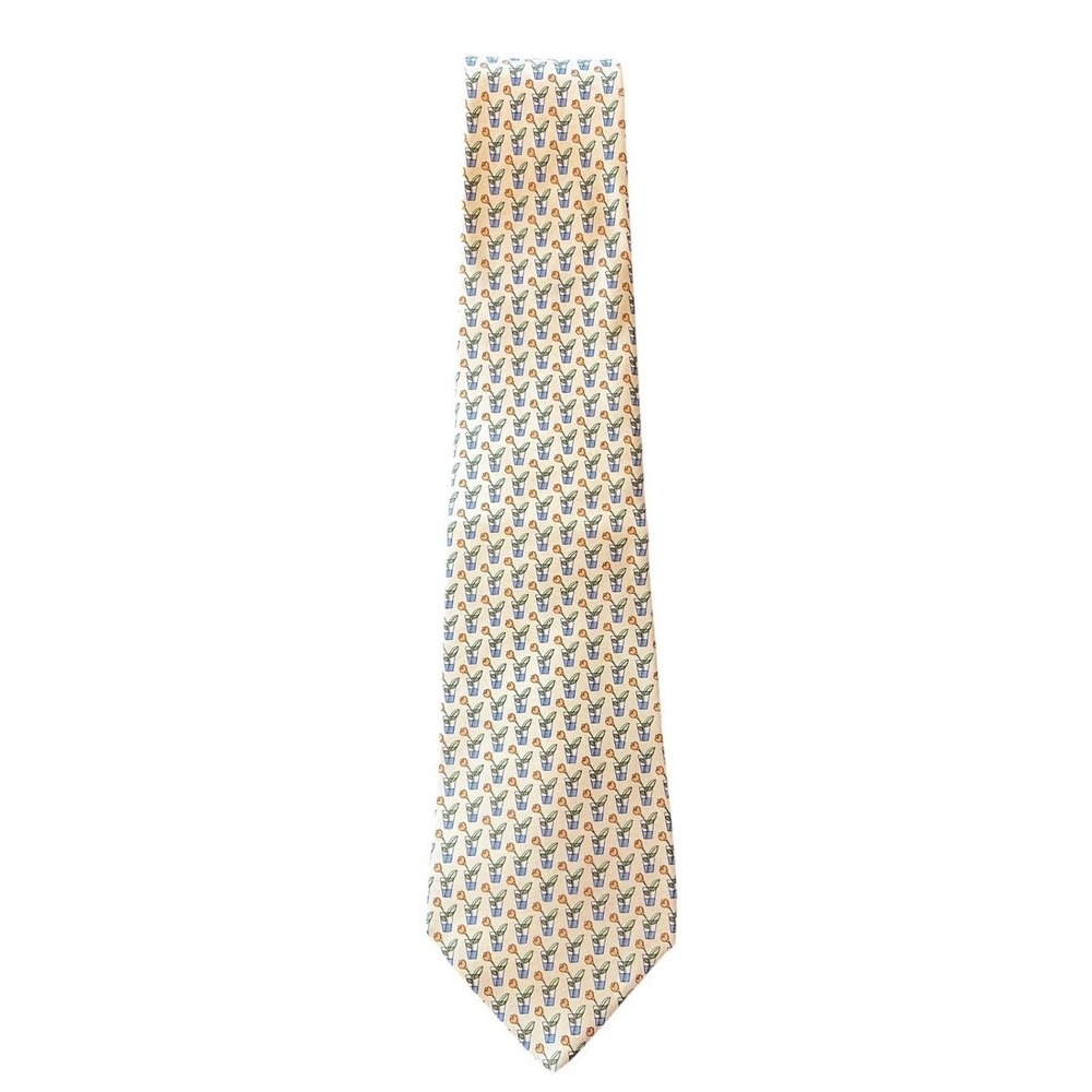 Salvatore Ferragamo Men Silk Tie Yellow Orange Potted Tulip Flower Made in Italy